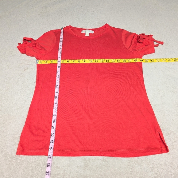 Michael Kors red orange short sleeves brass logo engraved plate Holiday slit bow - Picture 5 of 14